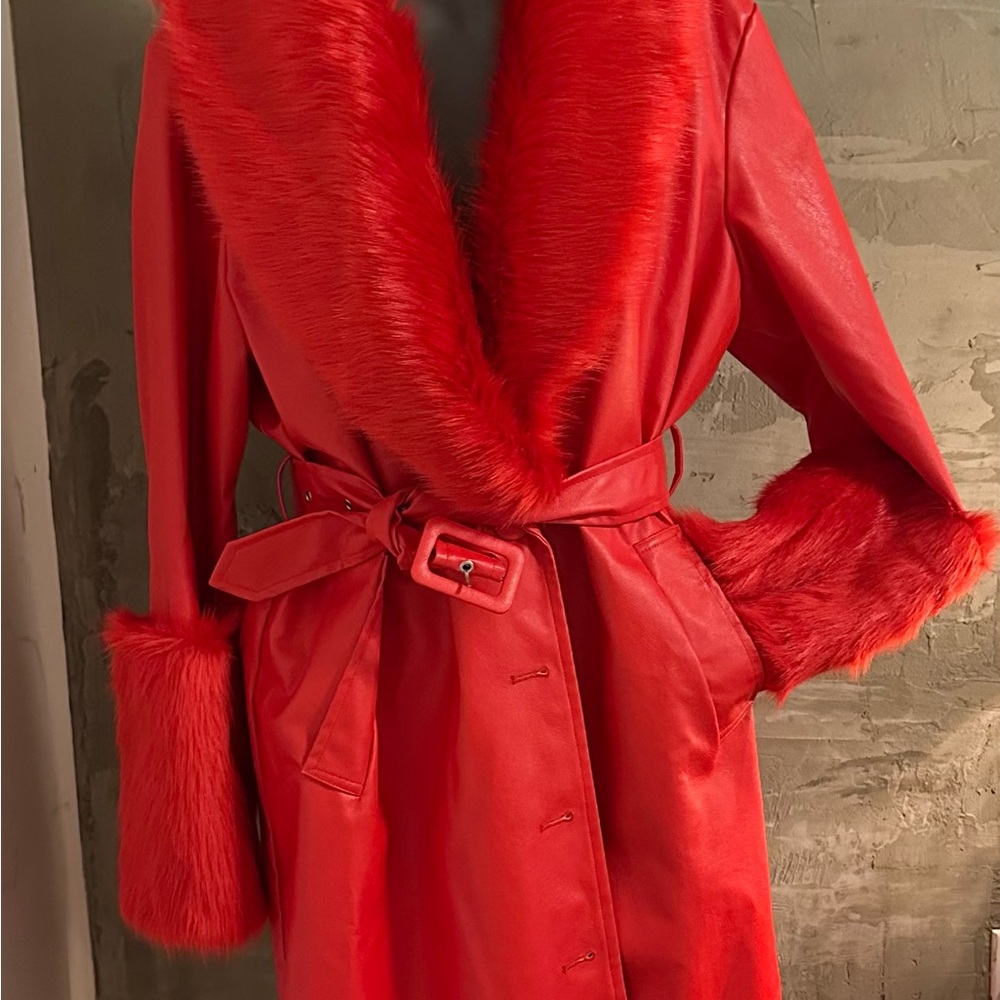 Luxurious Red Faux Fur Trimmed Coat